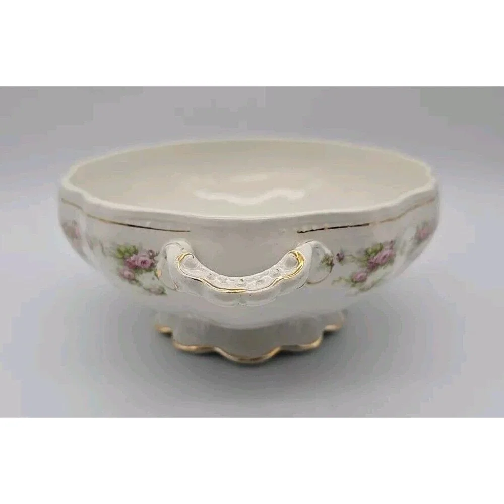 Vintage Dresden Semi Porcelain Two Handle Serving Bowl Rosesand Gold Trimmed